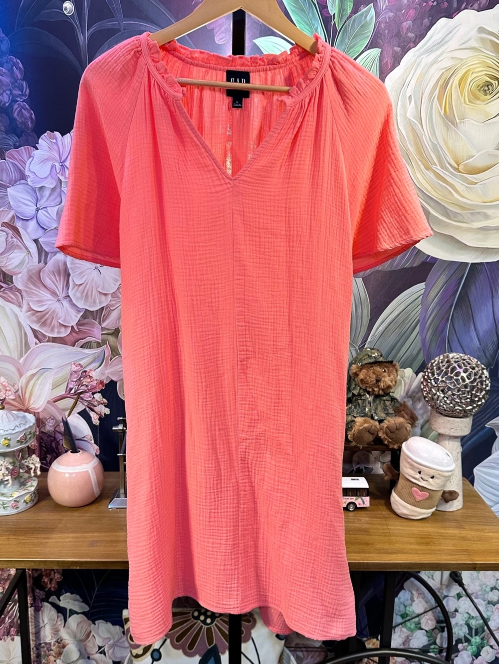 GAP Size L Pink Cotton Gauze Shift Dress Boho Coastal V-Neck Flutter Sleeve NWT